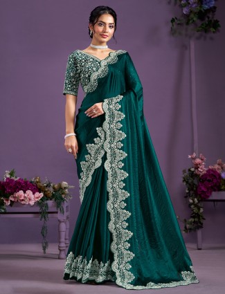 Latest dark green satin silk saree
