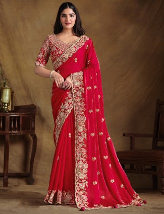 Red satin silk saree for wedding