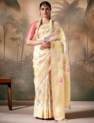 Stylish cream banarasi silk saree
