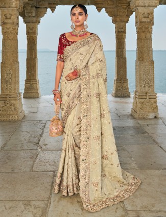 Latest cream banarasi silk saree