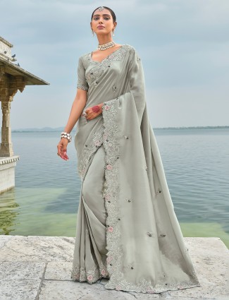Stylish grey banarasi silk saree for women