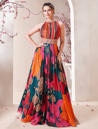 Printed silk multicolor gown in for women