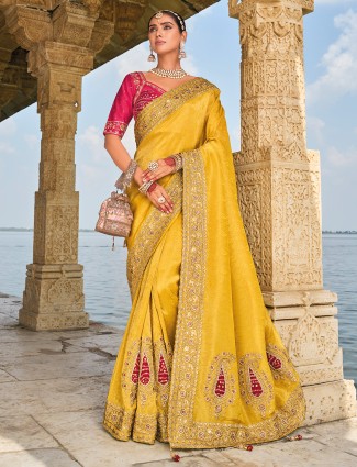 Muustard yellow crepe festive saree