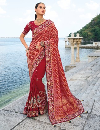 Bandhej and dola silk maroon saree for women