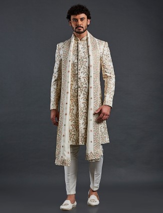 Cream raw silk wedding sherwani for the groom