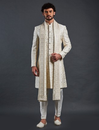 Cream lucknowi georgette peshwai groom sherwani with dupatta