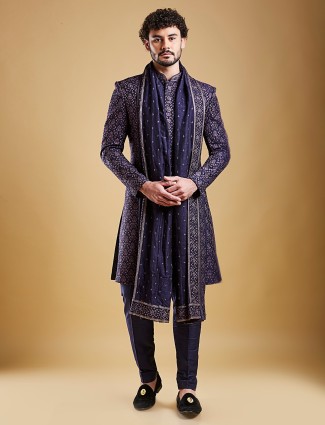 Latest navy blue raw silk sherwani for groom