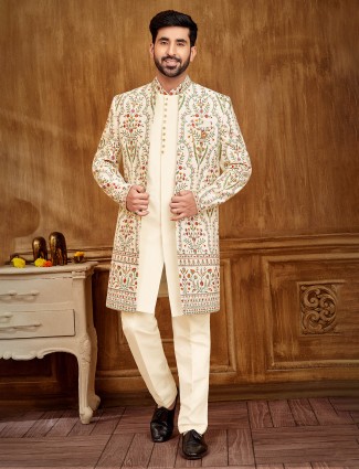 Cream raw silk indowestern in embroidery