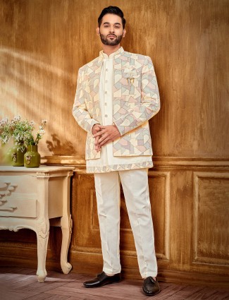 Cream raw silk textured indowestern for men