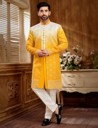 Yellow shaded jacket style indowestern for men