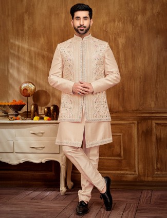 Peach jacket style indowestern in raw silk