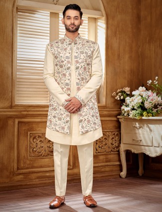 Cream silk jacket style indowestern for men