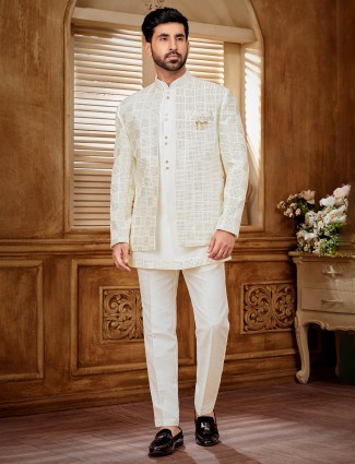 White raw silk indowestern in cotton silk