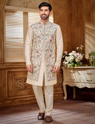 Cream jacket style raw silk indowestern