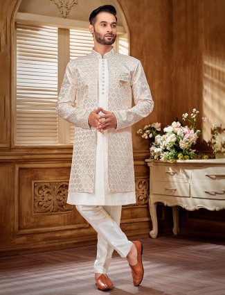 Off white indowestern in rich work for men