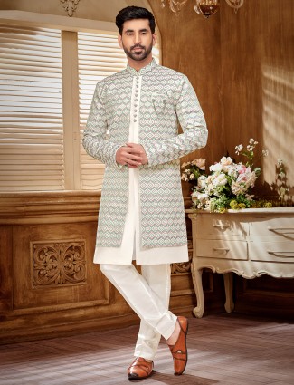 Off white raw silk indowestern in premium work