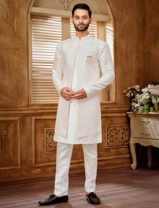 White raw silk indowestern in premium work for groom