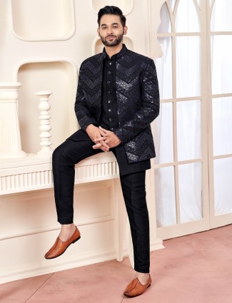 Statement black terry rayon indowestern with textured patchwork