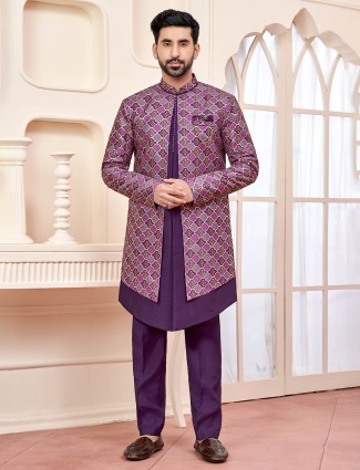 Royal purple printed indo western for a dazzling wedding look