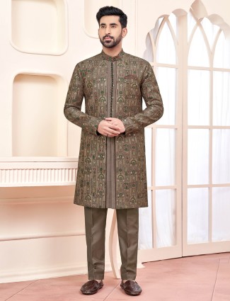 Elegant dusty peach indowestern in raw silk
