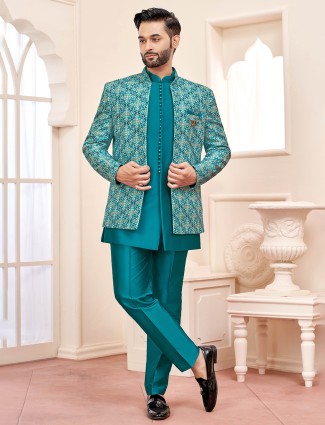 Timeless rama green terry rayon indowestern for wedding elegance