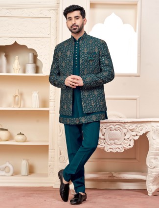 Royal rama green terry rayon indowestern for wedding excellence