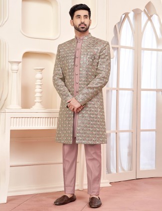 Delicated onion pink terry rayon indowestern for men