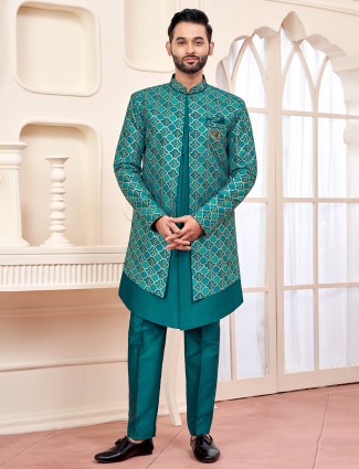 Stunning rama green printed indowestern with sequins