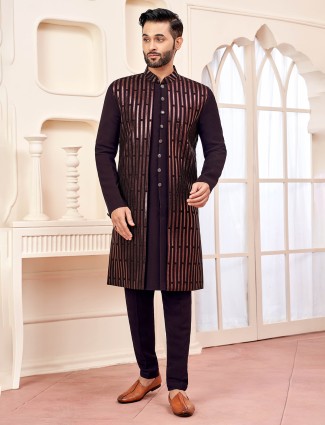 Elegant dark wine terry rayon indowestern for men