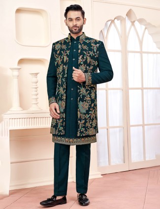 Opulent forest green terry rayon indowestern for weddings