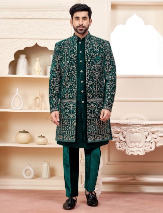 Elegant dark green terry rayon indowestern for wedding