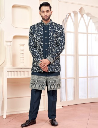 Timeless dark grey terry rayon indowestern for wedding glamour