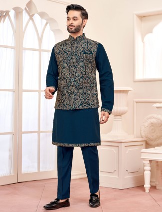 Elegant rama blue silk waistcoat set for weddings and celebrations