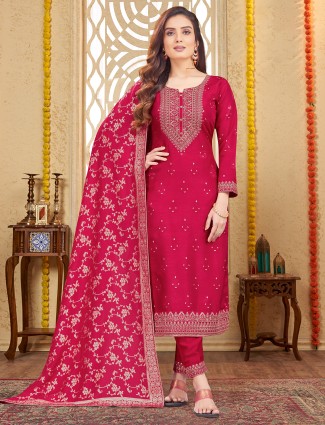 Bright maroon festive salwar suit in silk