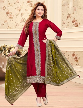 Trendy red silk salwar suit