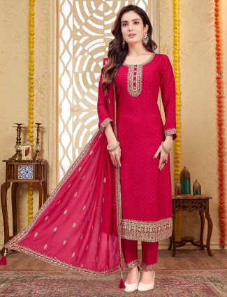Latest red straight cut salwar suit in silk