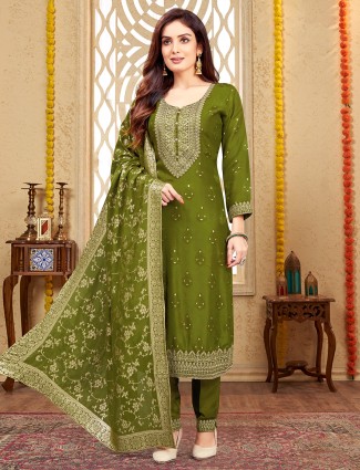 Attractive mehendi green silk salwar suit