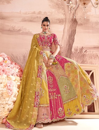 Pretty pink and yellow unstitched lehenga choli