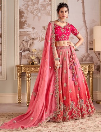 Pink silk bridal syle unstitched lehenga choli with sequins embellishment