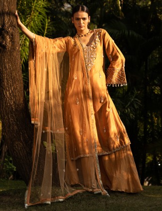 Raw silk palazzo suit in earthy mustard yellow