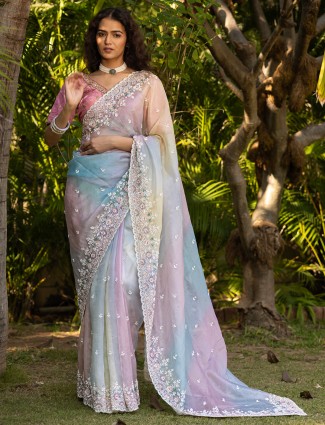 Trendy tissue silk saree in mint blue and pink