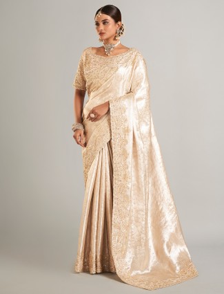 Elegant cream banarasi tissue silk saree
