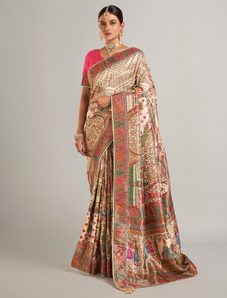Stunning cream pashmina silk saree for women
