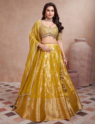 Mustard yellow banarasi silk lehenga choli