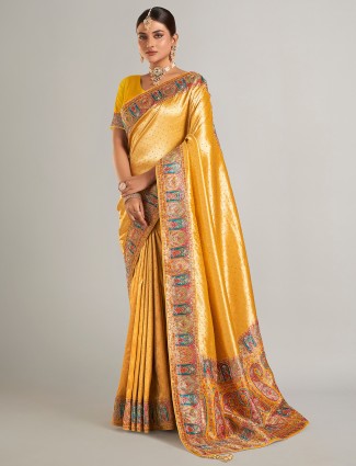 Mustard yellow pashmina silk saree for women