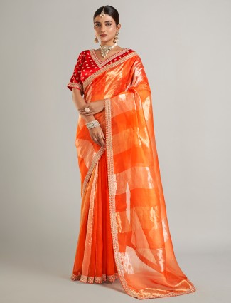 Orange tissue silk saree for festive