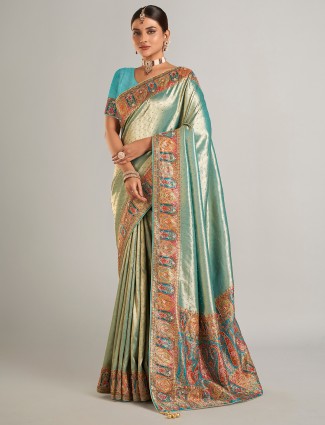 Stunning pastel green pashmina silk saree