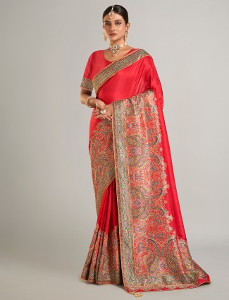 Printed red pashmina silk saree