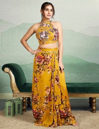 Mustard yellow silk printed indowestern suit