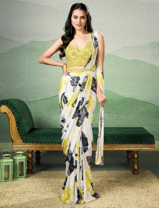 Trendy white printed ready to wear saree